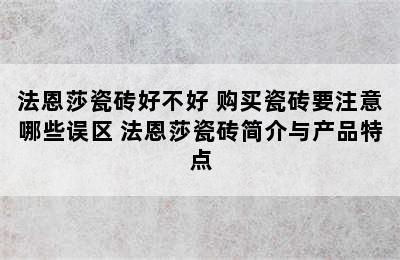 法恩莎瓷砖好不好 购买瓷砖要注意哪些误区 法恩莎瓷砖简介与产品特点